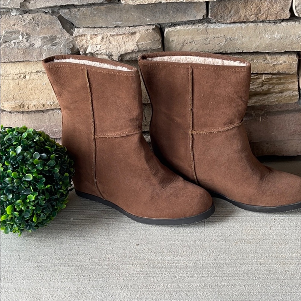 SOLD Sugar Faux Suede Brown Adara Wedge Boots